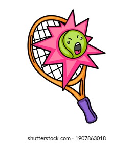 Kawaii illustration of tennis racket and ball. Cute funny sport characters.