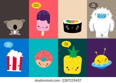 Kawaii Illustrations Food and Animals, 8 vector illustrations of cute vegetables, fruits, sweets and animals in japanese kawaii style, editable, koala, yeti, ufo