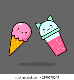 Kawaii images of a Pink scoop of ice cream and a Glass with a pink cocktail. Glass with cat ears. Smiling glass. Vector illustration.