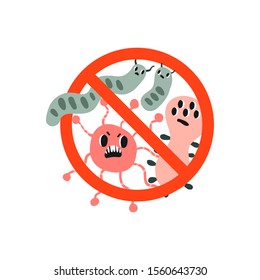 Kawaii infection Bacteria, Virus, Germ, Pathogen with angry faces. Stop bacteria and viruses prohibition sign. Flat style hand drawn illustration. Antibacterial, antiviral icon