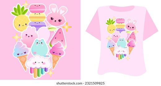 Kawaii inspirationsweet animal love on  pink background for t shirt . Inspirational quote card, invitation, banner, lettering, poster. Cartoon ice cream, strawberry, macaroni pink, yellow, blue,