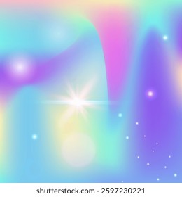 Kawaii Invitation. Pink Princess Pattern. Unicorn Hologram. Holographic Sparkles Invite. Purple Cosmic Gradient. Blue Blurred Background. Magic Texture. Party Kawaii Invitation.
