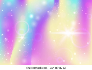 Convite Kawaii. Holograma de unicórnio roxo. Fundo Mágico. Conto cósmico de conto de fadas. Gradiente Abstrato Rosa. Padrão da Galáxia Lilás. Textura do Arco-íris. Convite de Candy Kawaii.