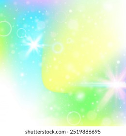 Kawaii Invitation. Yellow Magic Hologram. Unicorn Pattern. Iridescent Pastel Effect. Green Colorful Background. Blue Universe Gradient. Fairy Glitter. Cute Kawaii Invitation.