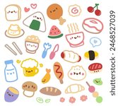 Kawaii Japanese Food Cartoon Illustration Set. Cute Hand Drawn Asian Food Characters Collection