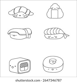 Kawaii conjunto de vetores de caracteres de comida japonesa! Apresenta Maki, Nigiri, Onigiri com rostos engraçados e expressivos: Zesty, Tired, Happy e muito mais. Perfeito para marca bonito, menus, projetos das crianças. Totalmente editável.