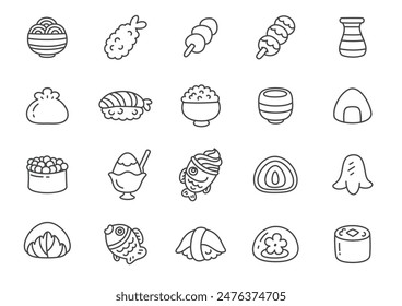 Kawaii japanese food icon set. Collection of monochrome hand drawn food and drink (sushi, onigiri, green tea, mochi etc.) stickers isolated on a white background. Vector 10 EPS.