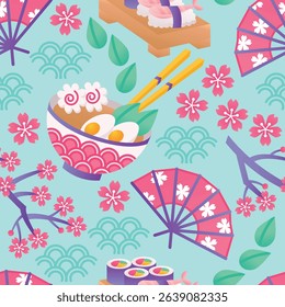 Kawaii Japanese Food Pattern – Seamless vector illustration of ramen bowls, sushi, cherry blossoms, and fans on a pastel blue background. A fun and colorful design inspired by Japanese culture and spr