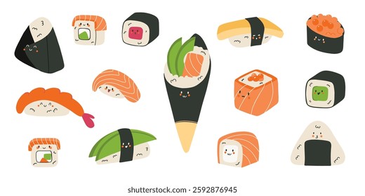 Kawaii japanese food. Rolls and sushi characters, emoji asian cuisine , rice and salmon in seaweed, mascot happy emotions, stickers collection, cartoon flat isolated illustration vector isolated set