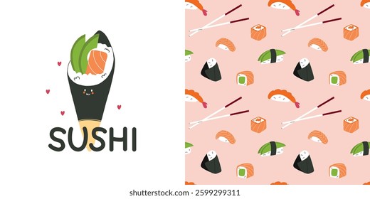 Kawaii japanese food seamless pattern. Rolls and sushi characters, emoji asian, rice and salmon, mascot emotions. Textile, wrapping, wallpaper. Print for fabric cartoon flat isolated vector background