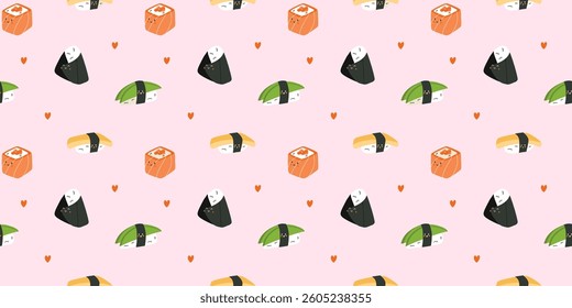 Kawaii japanese food seamless pattern. Rolls and sushi characters, emoji asian, rice and salmon, mascot emotions. Textile, wrapping, wallpaper. Print for fabric cartoon flat isolated vector background