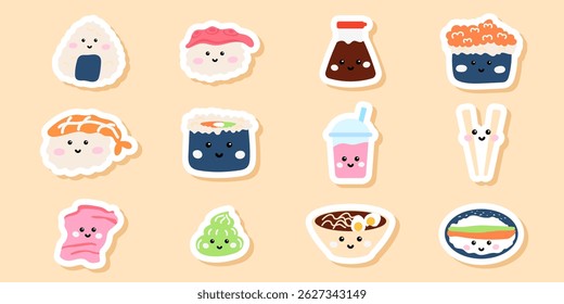 Kawaii Japanese food sticker set sushi, cute rolls, nigiri, sashimi, chopsticks and rice bowl. Perfect for decorating notebook, planner, menu, scrapbooking