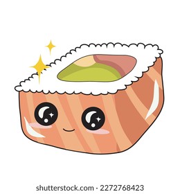 Kawaii Japanese food Sushi California Maki on white background for kids fashion artworks, children books, stickers, greeting cards, emoji, textile, web, print. Kawaii cartoon vector illustration.