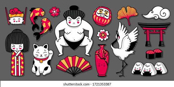 Geisha japonesa Kawaii, luchadora de sumo, maneki-neko, carpas koi, onigiri y sushi. Conjunto de pegatinas de dibujos animados, parches, insignias, pines. Estilo Doodle. Dibujo vectorial de dibujos animados.