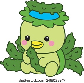 
Kawaii mitología japonesa Kappa pegatina lindo.
Lindo kappa mascota fantasma japonés.
Kappa en medio de los pepinos.