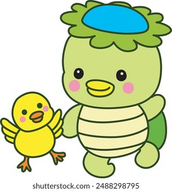 
Kawaii japanese mythology Kappa sticker cute.
Cute kappa mascot ghost japanese.
Kappa dancing with little duck.