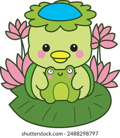 
Kawaii mitología japonesa Kappa pegatina lindo.
Lindo kappa mascota fantasma japonés.
Kappa abrazando una rana en medio de flores de loto.