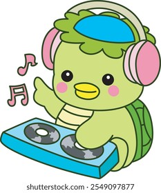 Mitologia japonesa kawaii Kappa adesivo bonito.
Fantástico mascote kappa japonês fantasma. Kappa tocando um disco na boate