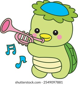 Mitologia japonesa kawaii Kappa adesivo bonito.
Fantástico mascote kappa japonês fantasma. Kappa tocando trompete