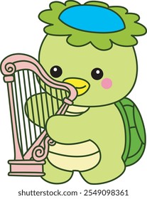 Kawaii mitología japonesa Kappa pegatina lindo.
Linda mascota kappa fantasma japonés. Kappa tocando un harpa