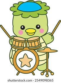 Mitologia japonesa kawaii Kappa adesivo bonito.
Fantástico mascote kappa japonês fantasma. Kappa tocando uma banda de bateria