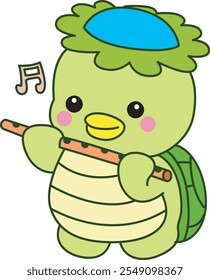 Mitologia japonesa kawaii Kappa adesivo bonito.
Fantástico mascote kappa japonês fantasma. Kappa tocando flauta