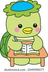 Mitologia japonesa kawaii Kappa adesivo bonito.
Fantástico mascote kappa japonês fantasma. Kappa estudando na mesa