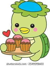 Kawaii mitología japonesa Kappa pegatina lindo.
Linda mascota kappa fantasma japonés. Kappa trae tres cupcakes