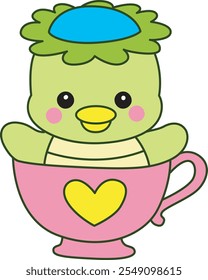 Kawaii mitología japonesa Kappa pegatina lindo.
Linda mascota kappa fantasma japonés. Kappa atascado en la taza de té