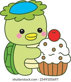 Kawaii mitología japonesa Kappa pegatina lindo.
Linda mascota kappa fantasma japonés. Kappa trae unos cupcakes