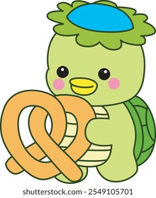 Kawaii mitología japonesa Kappa pegatina lindo.
Linda mascota kappa fantasma japonés. Kappa trae un pretzel