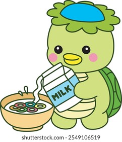 Kawaii mitología japonesa Kappa pegatina lindo.
Linda mascota kappa fantasma japonés. Kappa vertiendo una leche en el cereal