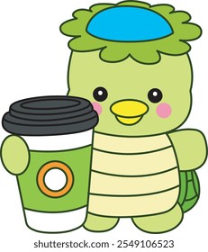 Mitologia japonesa kawaii Kappa adesivo bonito.
Fantástico mascote kappa japonês fantasma. Kappa desfrutar com xícara de café