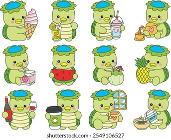 Mitologia japonesa kawaii Kappa adesivo bonito.
Fantástico mascote kappa japonês fantasma. Capa e variação de bebida e frutas