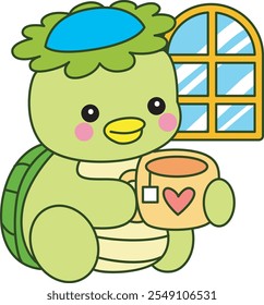 Kawaii mitología japonesa Kappa pegatina lindo.
Linda mascota kappa fantasma japonés. Kappa disfrutar con una taza de té