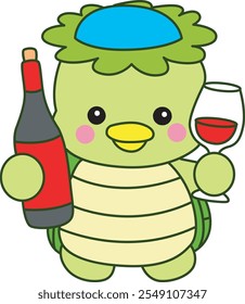 Kawaii mitología japonesa Kappa pegatina lindo.
Linda mascota kappa fantasma japonés. Kappa trae una botella de cerveza