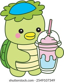 Mitologia japonesa kawaii Kappa adesivo bonito.
Fantástico mascote kappa japonês fantasma. Kappa trazer um milkshake de chiclete