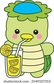 Mitologia japonesa kawaii Kappa adesivo bonito.
Fantástico mascote kappa japonês fantasma. Kappa bebendo um suco de laranja