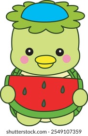 Kawaii japanische Mythologie Kappa Aufkleber niedlich.
Süß kappa maskottchen ghost japanisch. Kappa bringen eine Wassermelone