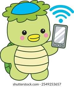 Mitologia japonesa kawaii Kappa adesivo bonito.
Fantástico mascote kappa japonês fantasma. Kappa encontrando o sinal da internet por telefone