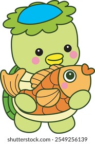 Mitologia japonesa kawaii Kappa adesivo bonito.
Fantástico mascote kappa japonês fantasma. Kappa trazer um peixe de ouro