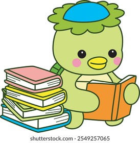 Kawaii mitología japonesa Kappa pegatina lindo.
Linda mascota kappa fantasma japonés. Kappa leyendo un libro