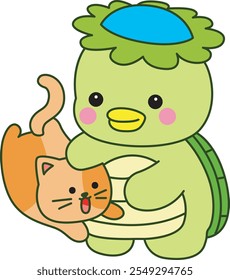 Mitologia japonesa kawaii Kappa adesivo bonito.
Fantástico mascote kappa japonês fantasma. Kappa com kitty jogar juntos