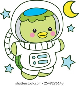 Kawaii mitología japonesa Kappa pegatina lindo.
Linda mascota kappa fantasma japonés. Kappa con un traje de astronauta