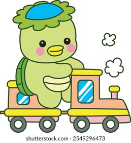 Kawaii mitología japonesa Kappa pegatina lindo.
Linda mascota kappa fantasma japonés. Kappa ir con el tren