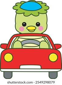 Kawaii mitología japonesa Kappa pegatina lindo.
Linda mascota kappa fantasma japonés. Kappa conduciendo un coche