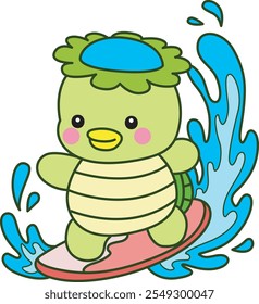 Kawaii mitología japonesa Kappa pegatina lindo.
Linda mascota kappa fantasma japonés. Kappa practicando surf