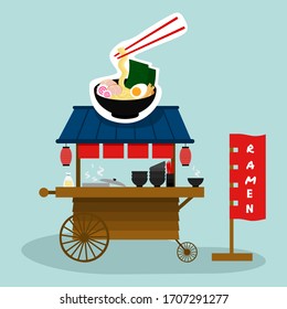 Kawaii Japanese Ramen Noodle hawker stall with Japan restaurant flag on beige background