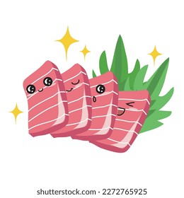 Kawaii Japanese Sashimi on white background for kids fashion artworks, children books, stickers, greeting cards, emoji, textile, web, print. Kawaii cartoon vector illustration.