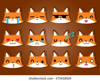 Kawaii japanese style. Set of funny fox emoticons - smiling red foxes with different emotions from happiness to angry. Can be used for logos, icons, signs, avatars, web decor, other design